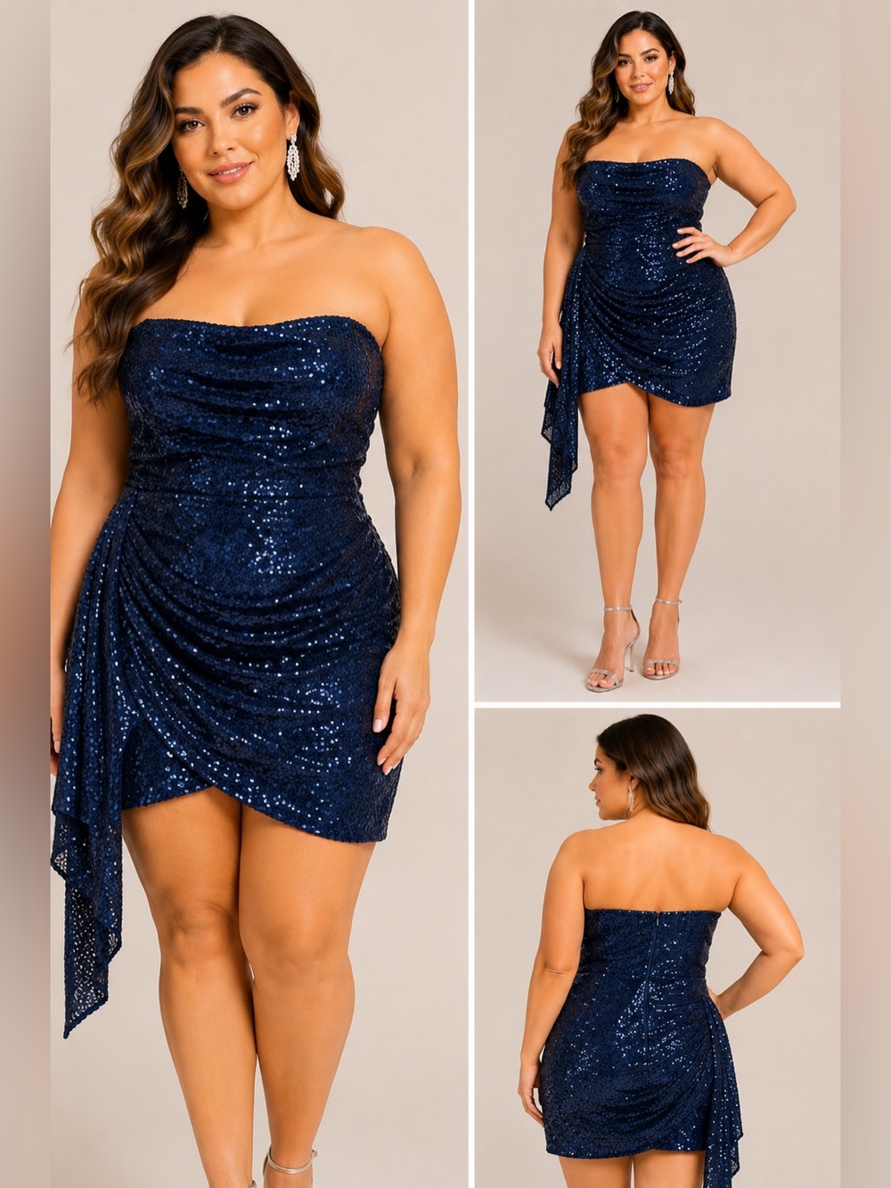 Navy Blue Sequin Strapless Ruched Plus Size Mini Dress 16W